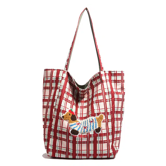 帕克熊 可爱小狗格纹安可拉双面可背百搭 复合布 单肩包 女款 多色