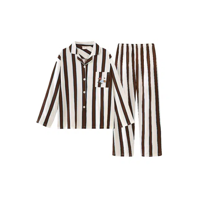 俏韵 长袖翻领可爱小狗条纹可外穿睡衣套装 女款 棕色