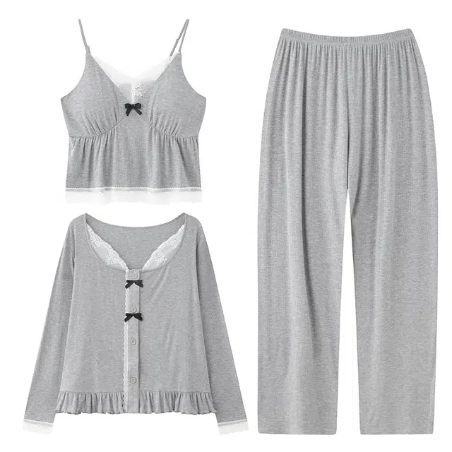 向薇 拼接舒适带胸垫一体长袖长裤睡衣套装 女款 图片色