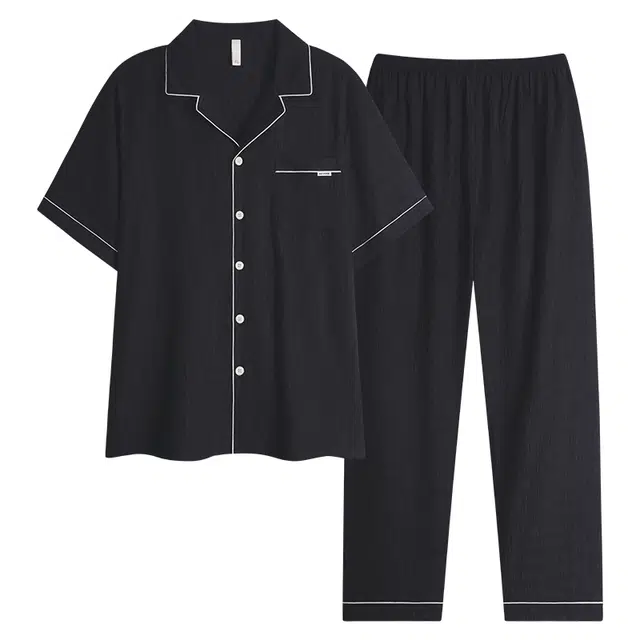 夏芬妍 时尚柔软舒适纯色云朵棉翻领开衫家居服休闲亲肤时尚可外穿短袖长裤睡衣套装 男女同款 黑色