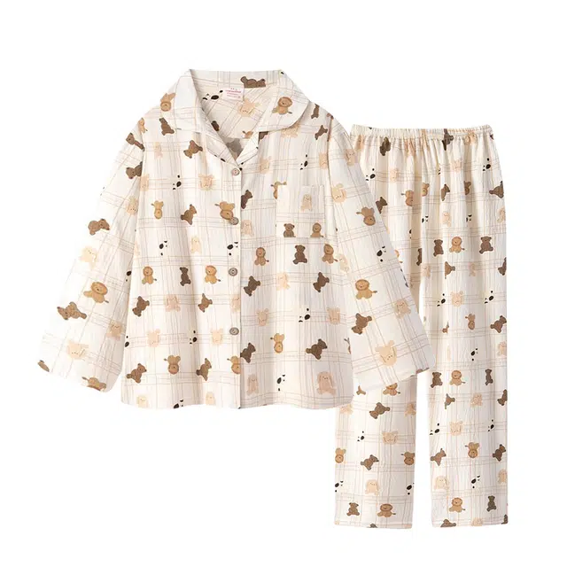 俏韵 卡通格子小熊长袖长裤休闲舒适简约睡衣套装 女款 杏色