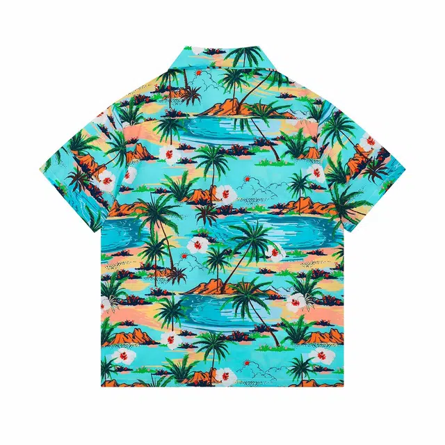 依文 海边度假系列满印宽松宽松休闲百搭开衫短袖衬衫 男女同款 海岛椰林