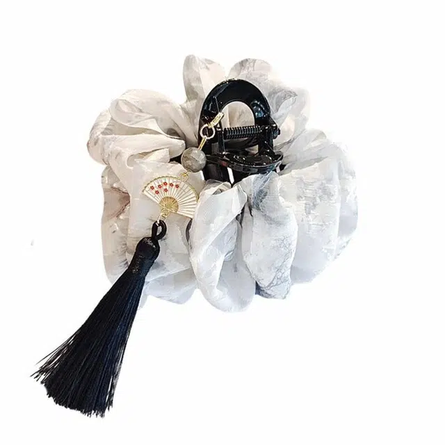 彤彤兔 新中式水墨画抓夹泡泡纱云朵流苏后脑勺鲨鱼夹头饰 网纱 发夹 女款