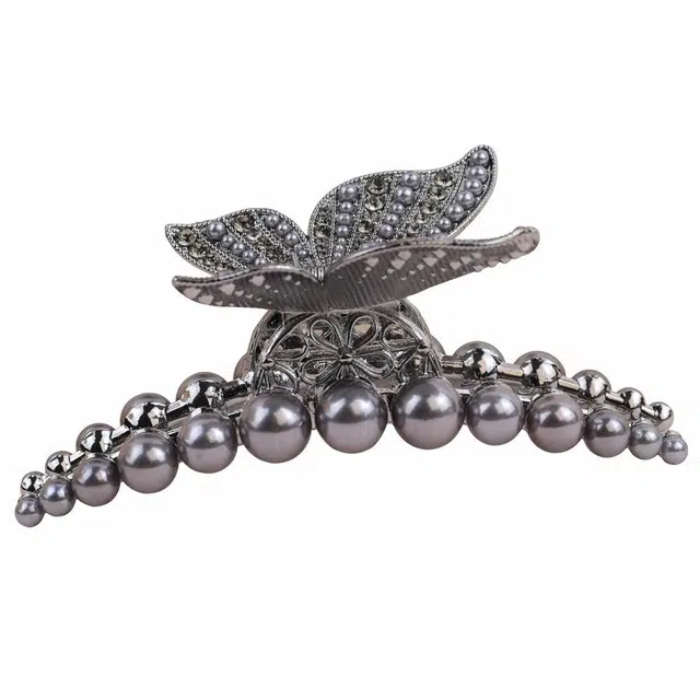 彤彤兔 高级感灰色珍珠抓夹大号气质蝴蝶后脑勺发量多鲨鱼夹子头饰 合金 发夹 女款