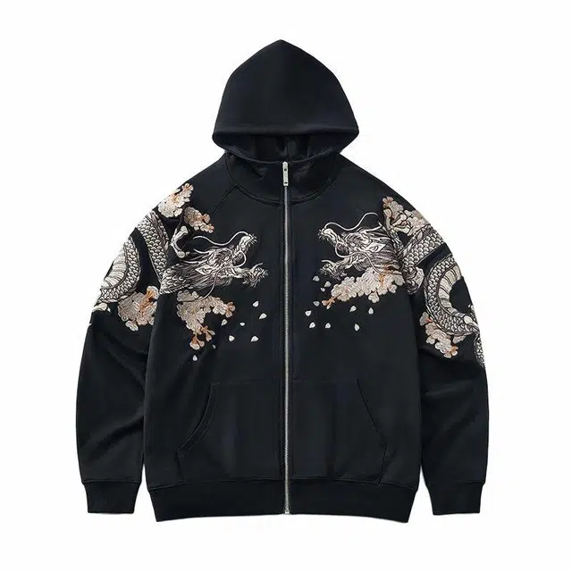 大白鲨 后背三龙聚首刺绣长袖连帽拉链潮牌宽松开衫卫衣 男款 黑色