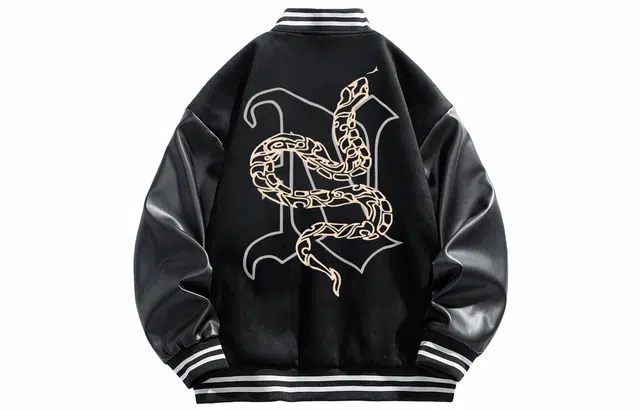 宜而爽  美式高街百搭户外嘻哈简约拼接积木蛇图案字母印花宽松休闲舒适单排扣落肩袖外套棒球服 男女同款