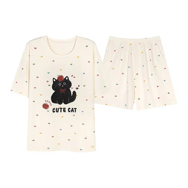 橡柠派 可爱小猫甜美亲肤舒适小清新简约带胸垫时尚短袖三分裤睡衣套装 女款 米白色