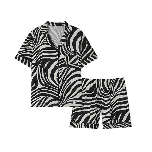 潞优野 薄款休闲舒适短袖条纹可外穿睡衣套装 女款 黑色