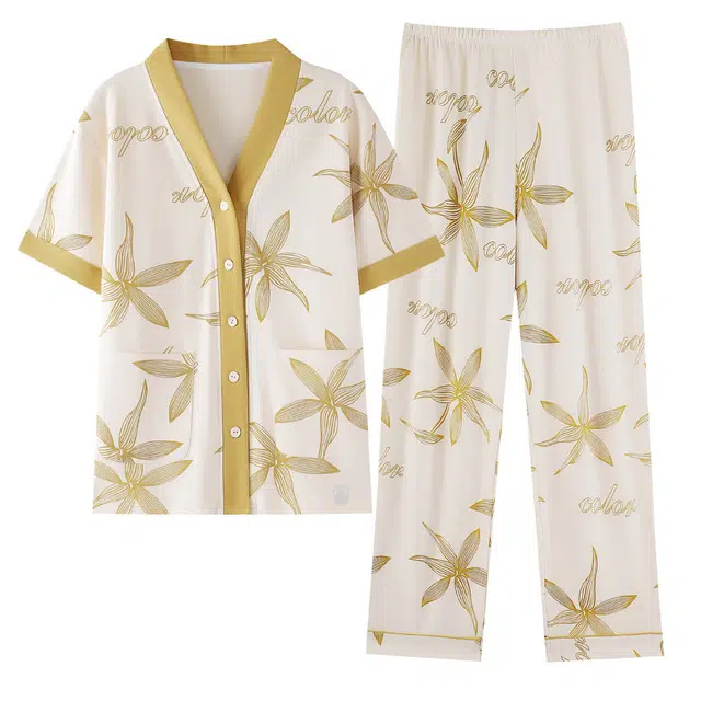 潞优野 舒适透气大码短袖上衣家居服长裤睡衣套装 女款 印花