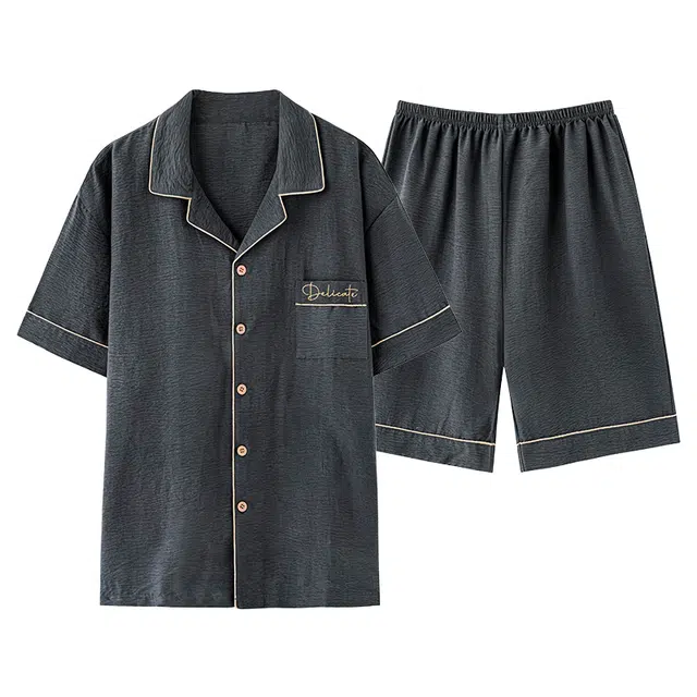 夏芬妍 简约舒适柔软纯色云朵棉翻领开衫家居服亲肤休闲短袖短裤时尚可外穿睡衣套装 男款 深灰色