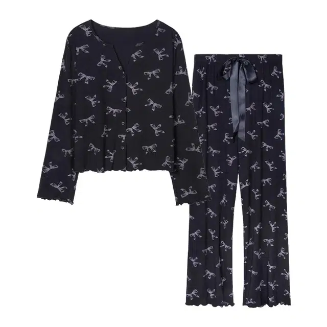 橡柠派 简约甜美小清新长袖上衣亲肤舒适长裤睡衣套装 女款 黑色