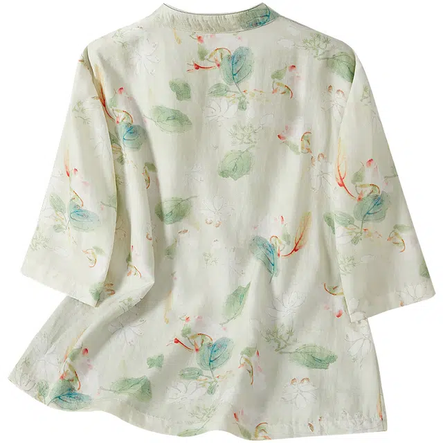 她池 复古国风宽松短袖衬衫 女款 青米色