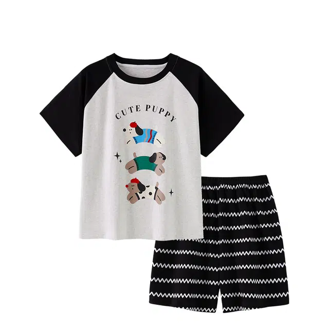 俏韵 卡通风可爱休闲可外穿短袖三分裤睡衣套装 女款 黑色