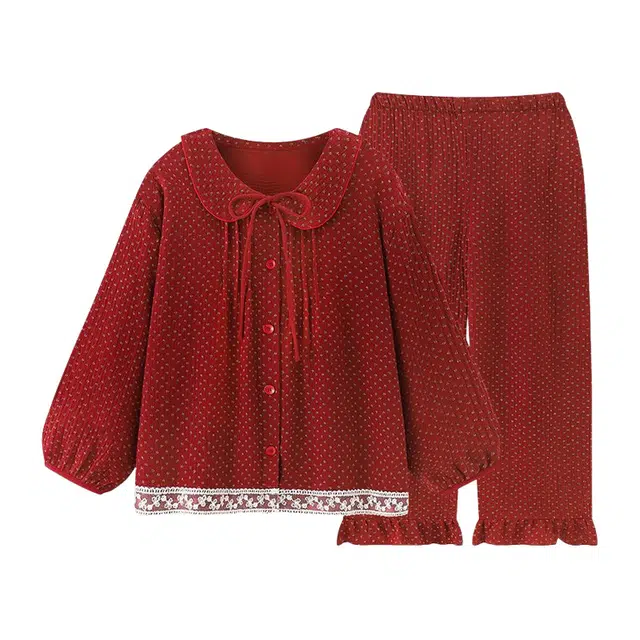 橡柠派 娃娃领可爱甜美舒适家居服亲肤小清新睡衣套装 女款 红色