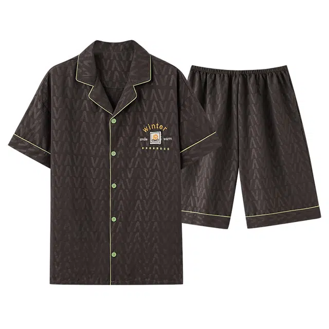 夏芬妍 简约舒适柔软字母提花云朵棉翻领开衫家居服亲肤休闲短袖短裤时尚可外穿睡衣套装 男款 棕色