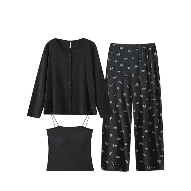 俏韵 亲肤圆领纯色开衫舒适家居服可外穿睡衣套装 女款 黑色