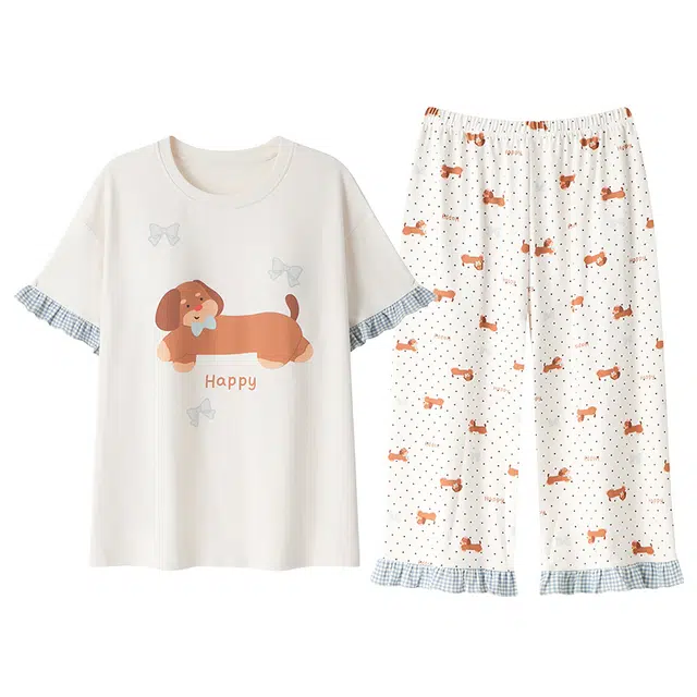 俏霓桐 简约甜美可爱卡通舒适带胸垫七分裤家居服可外穿睡衣套装 女款 图色