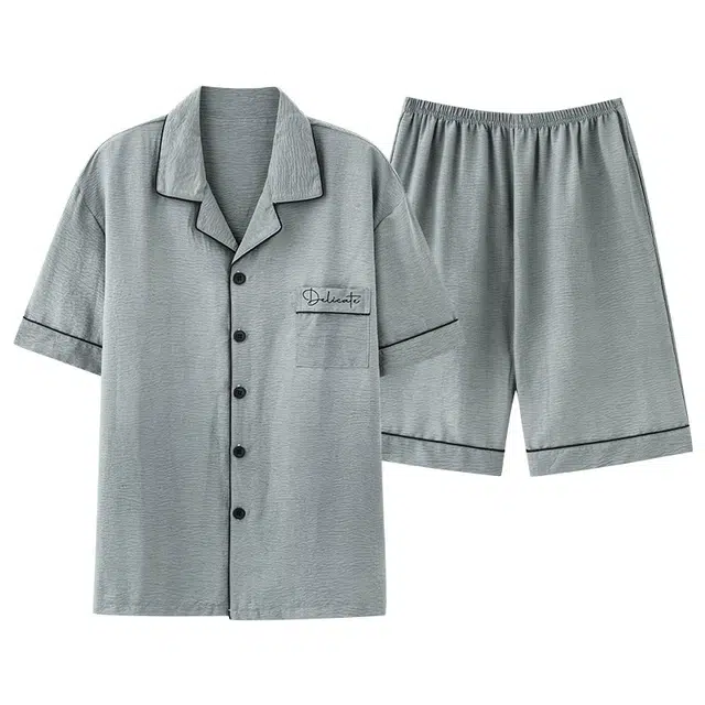 夏芬妍 简约舒适柔软纯色云朵棉翻领开衫家居服亲肤休闲短袖短裤时尚可外穿睡衣套装 男款 灰绿色