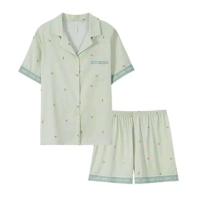 潞优野 休闲高级感短袖三分裤薄款可外穿睡衣套装 女款 绿色