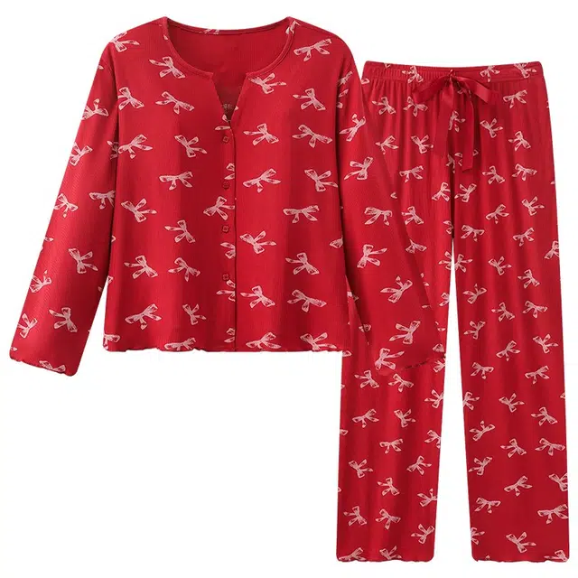 俏韵 长袖长裤甜美高级感舒适家居服可外穿睡衣套装 女款 红色