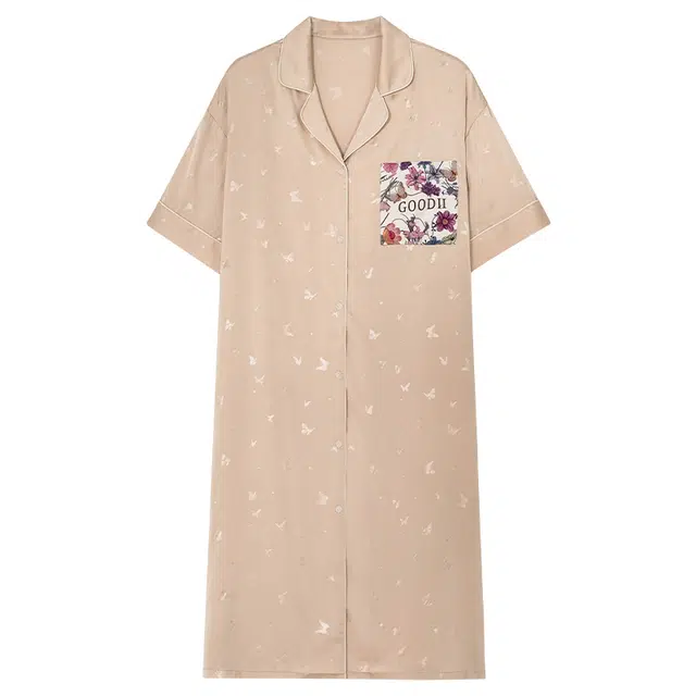 乐姿韵 轻奢时尚蝴蝶卡通翻领甜美休闲可外穿短袖睡裙 女款 杏色