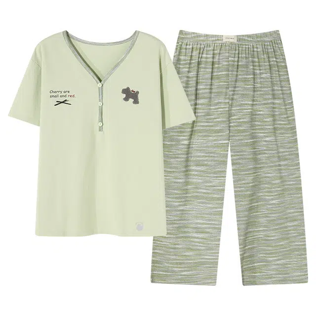 潞优野 休闲短袖七分裤高级气质可外穿睡衣套装 女款 绿色