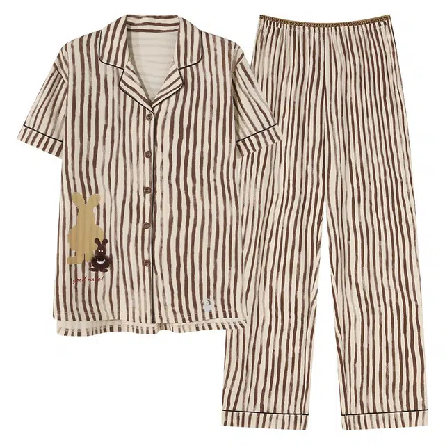 潞优野 凉感短袖长裤高级感开衫条纹睡衣套装 女款 卡其色
