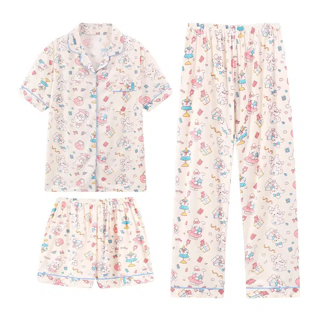 橡柠派 涂鸦亲肤舒适短袖简约可爱慵懒风睡衣套装 女款 米白色