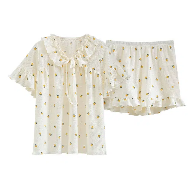 橡柠派 甜美亲肤舒适短袖上衣家居服三分裤睡衣套装 女款 米白色