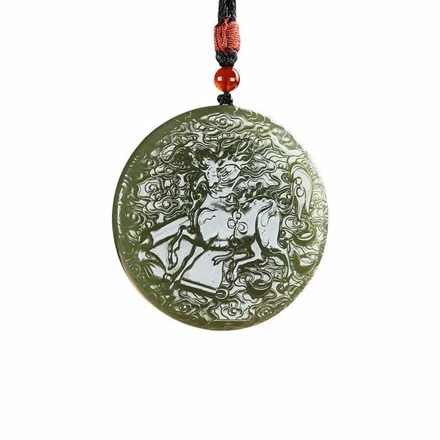 舒杰 油润湖水绿国风精雕祥瑞之兽麒麟毛衣链 项链 青白玉 男女同款情侣款