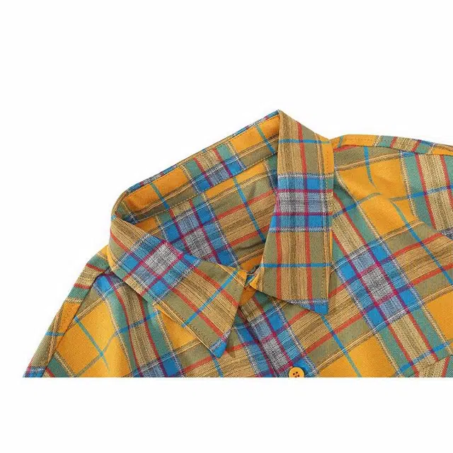 欧路得 复古格子美式复古高街格纹帅气时尚潮牌短袖衬衫 男款 黄色