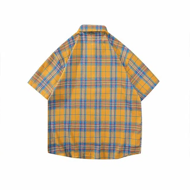 欧路得 复古格子美式复古高街格纹帅气时尚潮牌短袖衬衫 男款 黄色