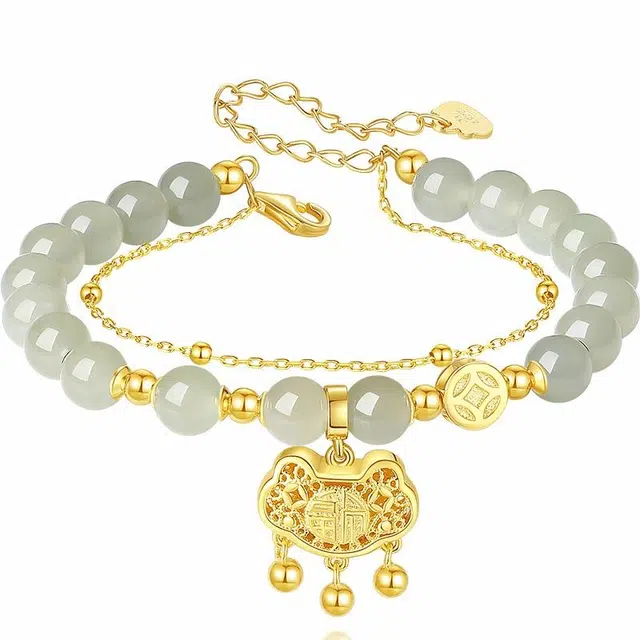 【岁岁平安|高品质润玉】 银千惠 长命锁新中式镂空祥云福字平安锁国潮小众妈妈招财纳福钱币转运铃铛百搭 和田玉手串 白玉/青白玉 女款