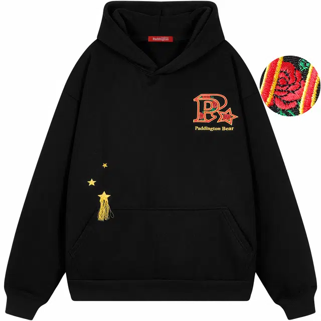 帕丁顿熊 新国风流苏星星字母万针刺绣休闲宽松重磅连帽卫衣 男女同款
