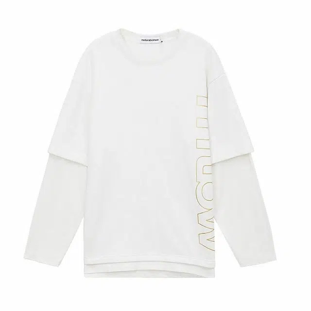 美特斯邦威 拼接假两件设计大型字体印花宽松圆领套头长袖卫衣 男款