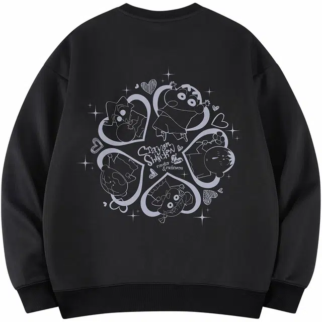 蜡笔小新 卡通小新五人组爱心字母印花休闲宽松套头圆领卫衣 男女同款