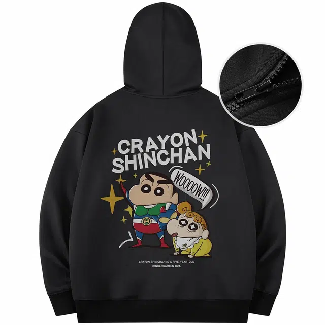 蜡笔小新 卡通动感超人字母印花休闲宽松连帽开衫卫衣 男女同款