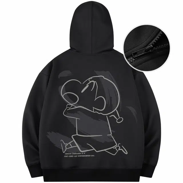 蜡笔小新 卡通线稿手绘奔跑小新字母印花休闲拉链连帽开衫卫衣外套 男女同款