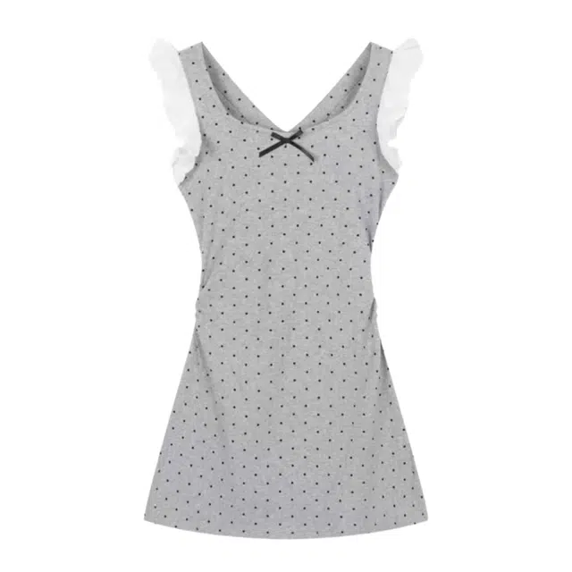 费尔岛上的猫 纯欲御姐风气质蕾丝花边方领吊带女夏季修身掐腰别致包臀裙短袖连衣裙 女款 灰色