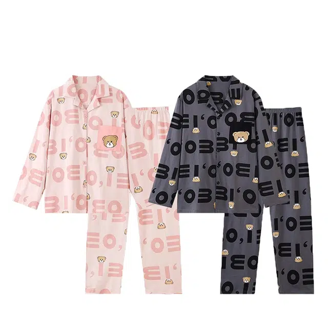 俏韵 可爱小熊翻领透气休闲长袖长裤睡衣套装 男女同款