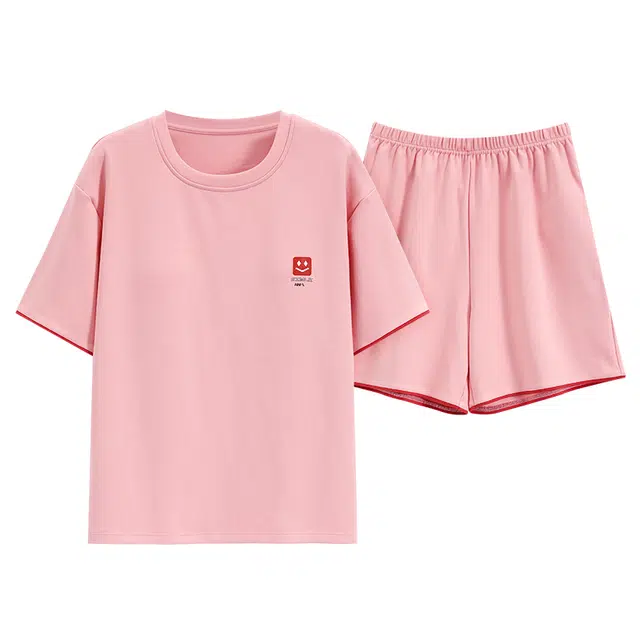 欧诗帛 纯色简约圆领上衣透气舒适三分裤睡衣套装 女款 粉色