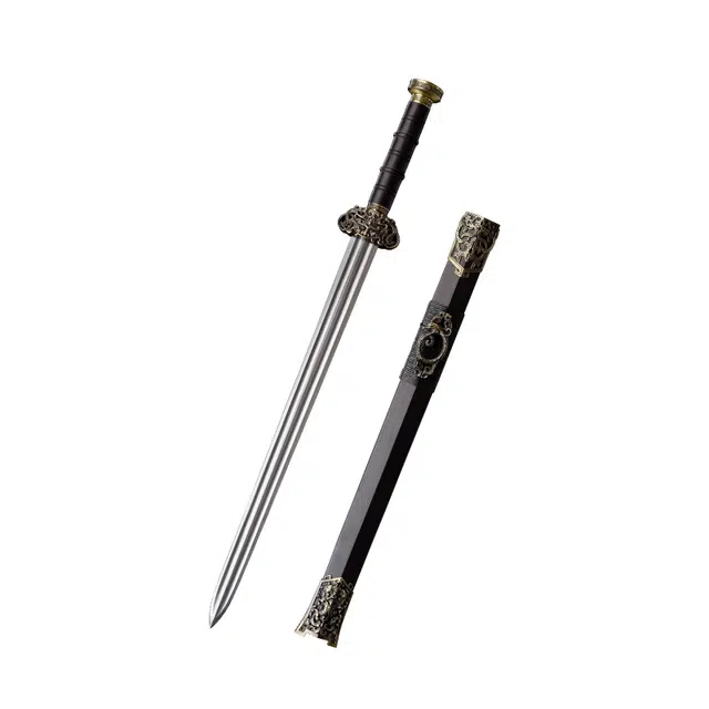 天字号 神龙汉剑 龙泉刀剑花纹钢双槽刃材实木鞘合金装收藏未开刃 成品模型