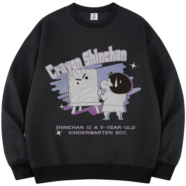 蜡笔小新 卡通画画小新涂鸦字母印花休闲宽松套头圆领卫衣 男女同款