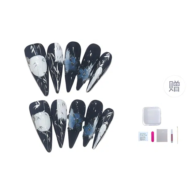 几多萌 穿戴甲高级手绘月下竹林蓝色妖姬冰花美甲成品可拆卸  尖型长款纯色跳色 法式