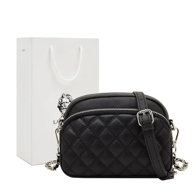 老人头 小香风百搭菱格通勤时尚皮链单肩包 头层牛皮 斜挎包 常规 女款 黑色/米白色/风衣灰