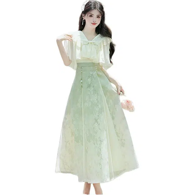 缪斯的诱惑 改良汉服国风新中式日常薄款上衣汉元素百搭时尚长裙裙装套装 女款