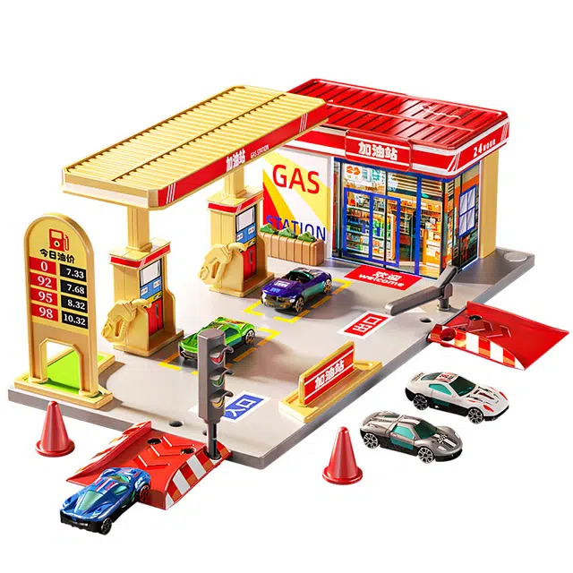 益米 加油站便利店套装模型 带合金小车 模拟灯光音效 玩具