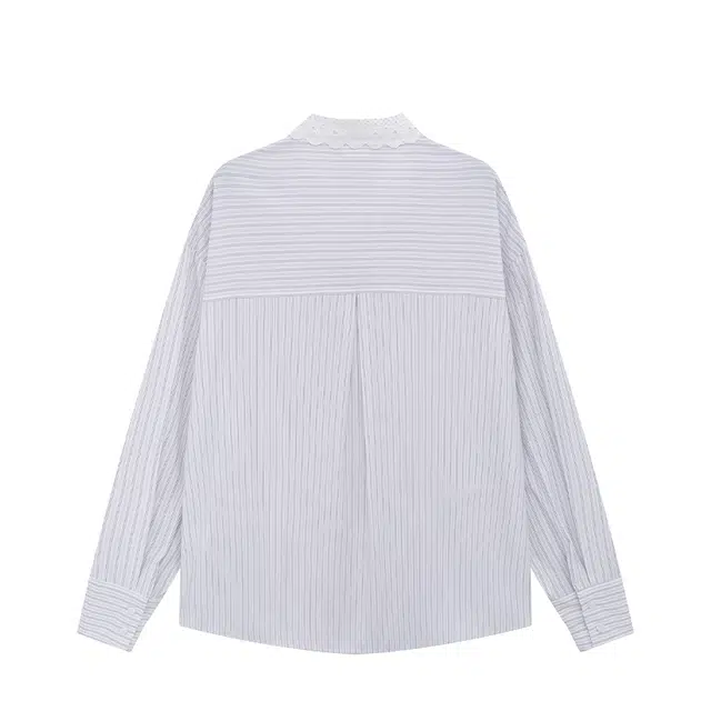 玫丝朵 韩式时尚潮流条纹蝴蝶结绑带蕾丝花边长袖衬衫 女款 白色