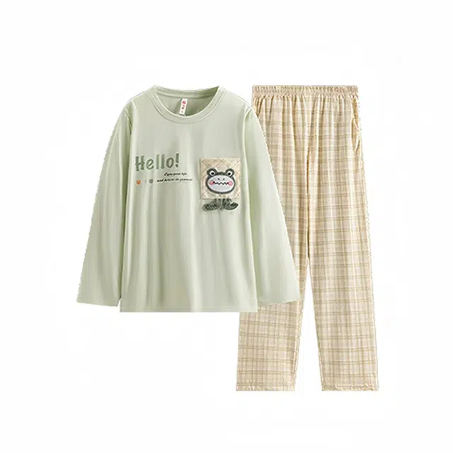 芬腾 家居服韩版可爱卡通长袖格子长裤可外穿休闲睡衣套装 女款 浅绿
