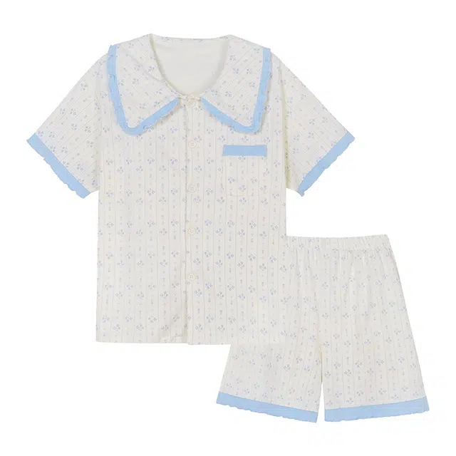 橡柠派 娃娃领甜美简约短袖可爱小清新亲肤舒适时尚家居服睡衣套装 女款 米白色